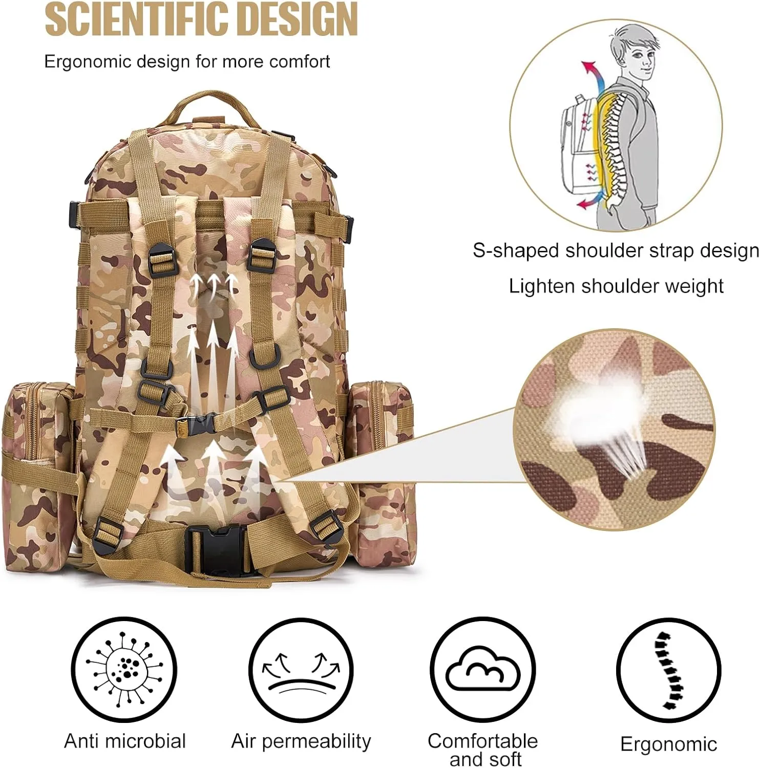 Large Military Tactical Backpack for Men, 40-50L Backpacks for Women, Bug out Bag Army 3 Days Assault Pack Bags Rucksack with Molle System Cp
