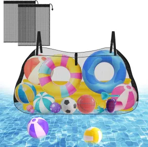 Large Pool Storage Bag,Adjustable Pool Toys Organizer Hanging Mesh with 2 Extra Mesh Pockets for Floats,Inflatable Toys, Swimming Pool Accessories-Heavy Duty Reinforced Attaches to Pool Side and Fence