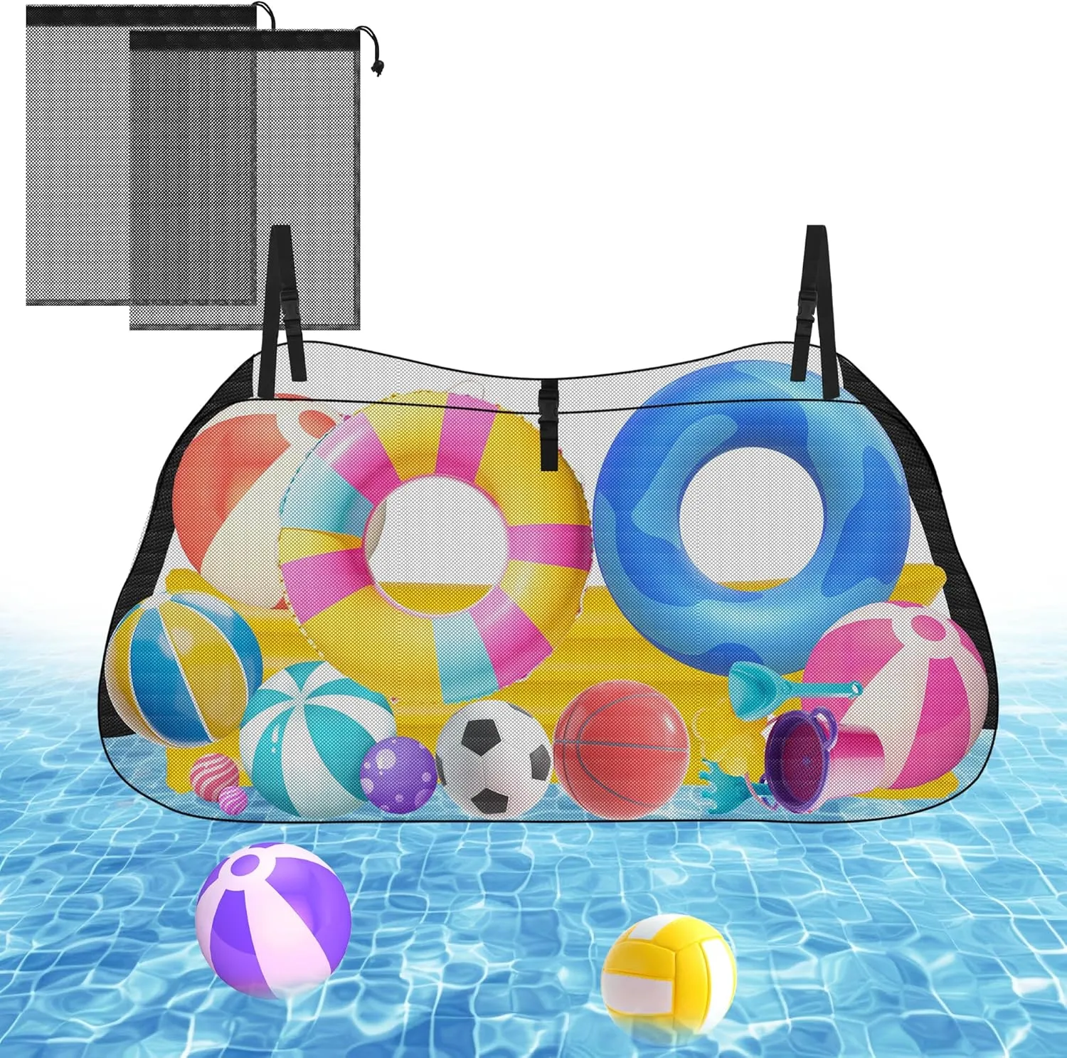 Large Pool Storage Bag,Adjustable Pool Toys Organizer Hanging Mesh with 2 Extra Mesh Pockets for Floats,Inflatable Toys, Swimming Pool Accessories-Heavy Duty Reinforced Attaches to Pool Side and Fence