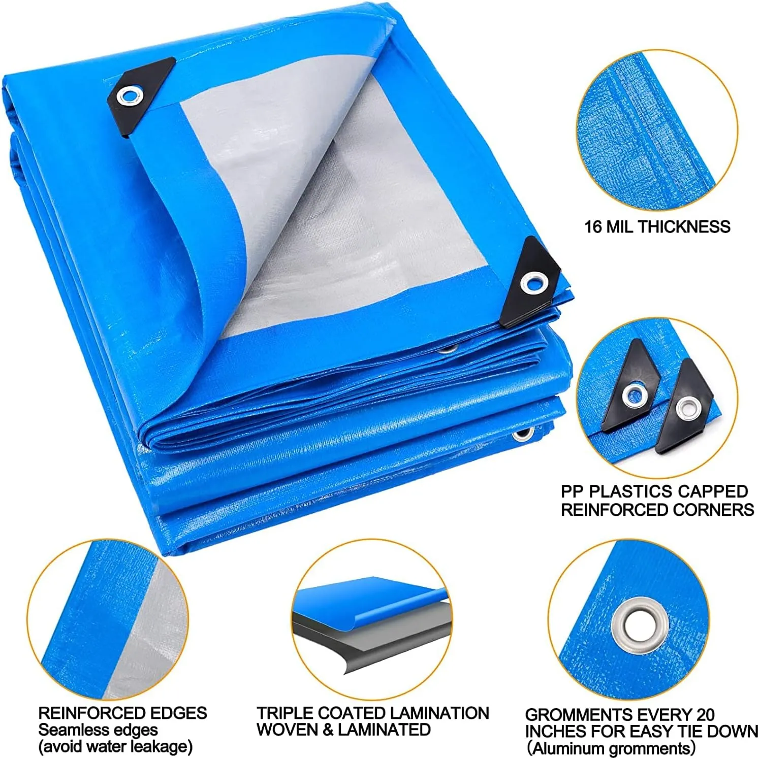Large Tarp, Tarps Heavy Duty Waterproof 30x30, Waterproof Plastic Poly 16 Mil Thick Tarpaulin with Metal Grommets Every 19.5 Inches - Emergency Rain Shelter, Outdoor Cover, and Camping Use