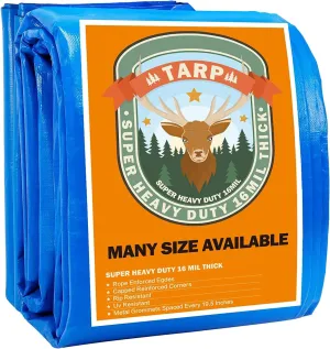 Large Tarp, Tarps Heavy Duty Waterproof 30x30, Waterproof Plastic Poly 16 Mil Thick Tarpaulin with Metal Grommets Every 19.5 Inches - Emergency Rain Shelter, Outdoor Cover, and Camping Use