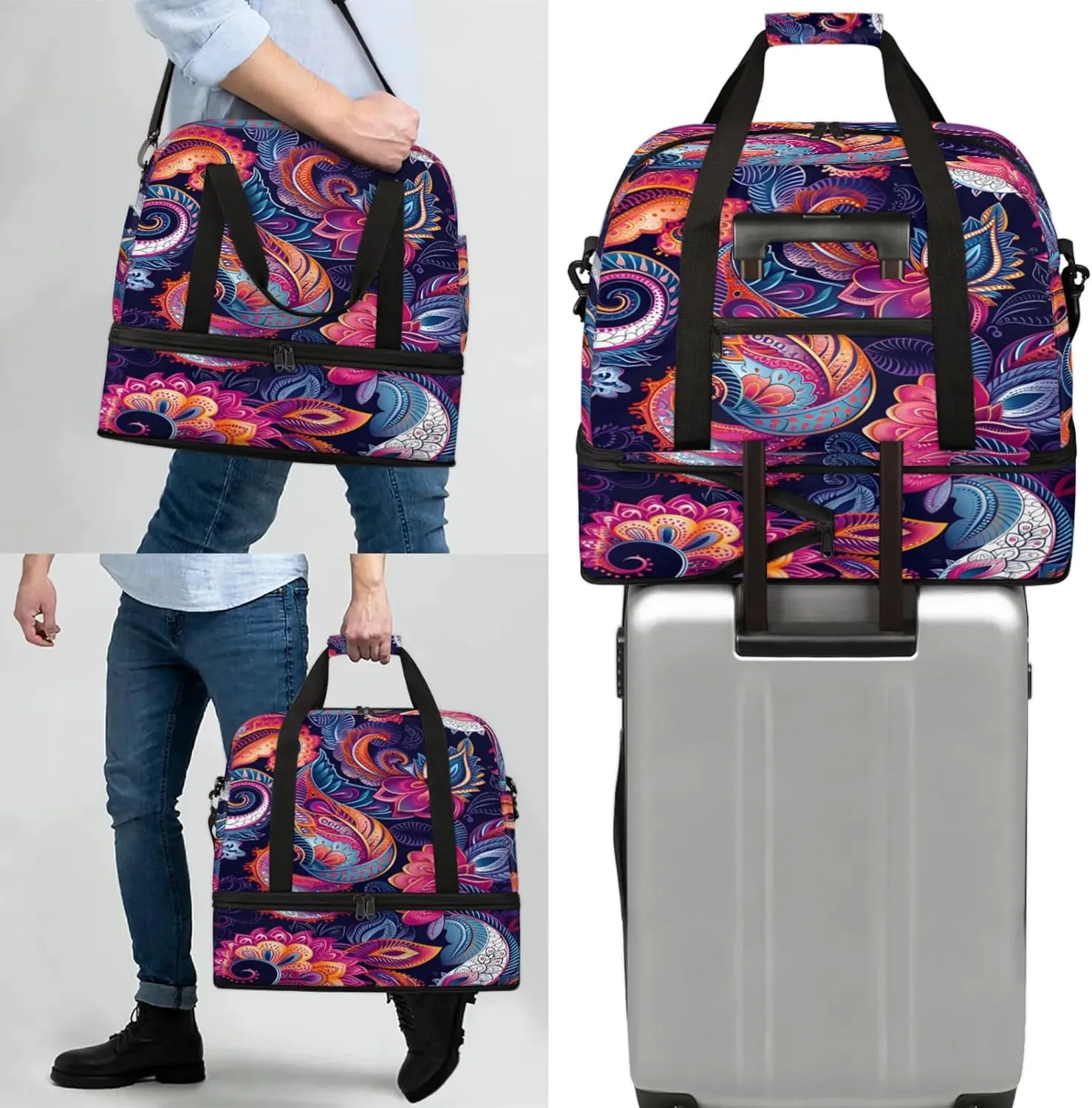 Large Travel Duffel Bag for Women Men Abstract Ethnic Colorful Gym Bag Weekender Overnight Bags With Shoe Compartment Foldie Travel Tote Bag Carry On Personal Item Bag for Travel Gym Sports Hospital