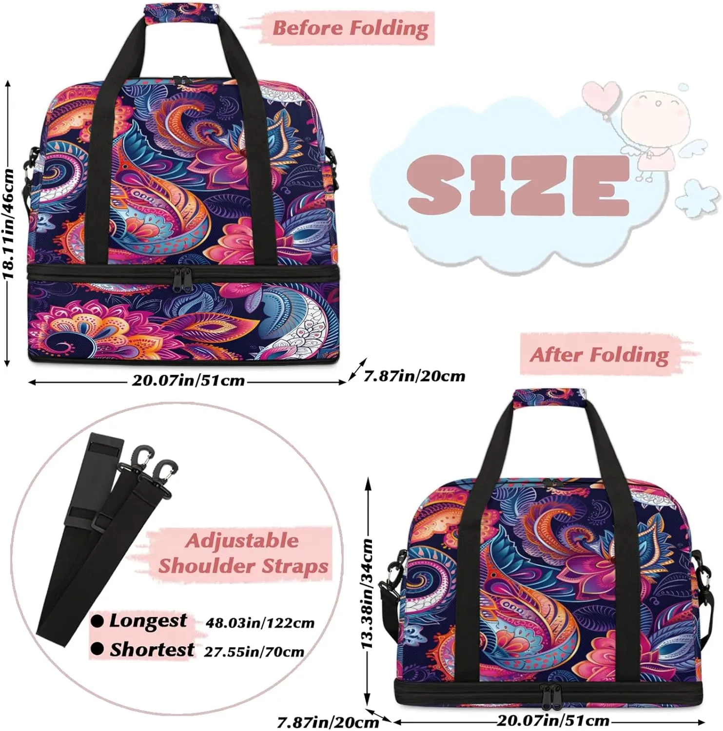 Large Travel Duffel Bag for Women Men Abstract Ethnic Colorful Gym Bag Weekender Overnight Bags With Shoe Compartment Foldie Travel Tote Bag Carry On Personal Item Bag for Travel Gym Sports Hospital