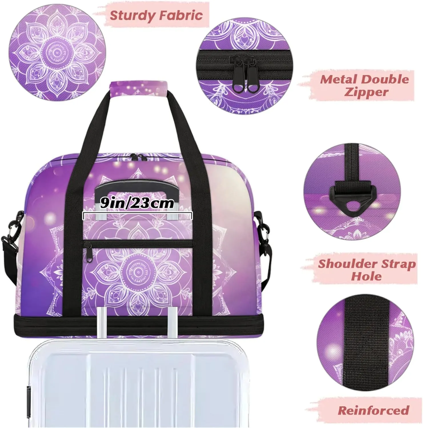 Large Travel Duffel Bag for Women Men Ethnic Mandala Purple Flower Gym Bag Weekender Overnight Bags With Shoe Compartment Foldie Travel Tote Bag Carry On Personal Item Bag for Travel Gym Sports