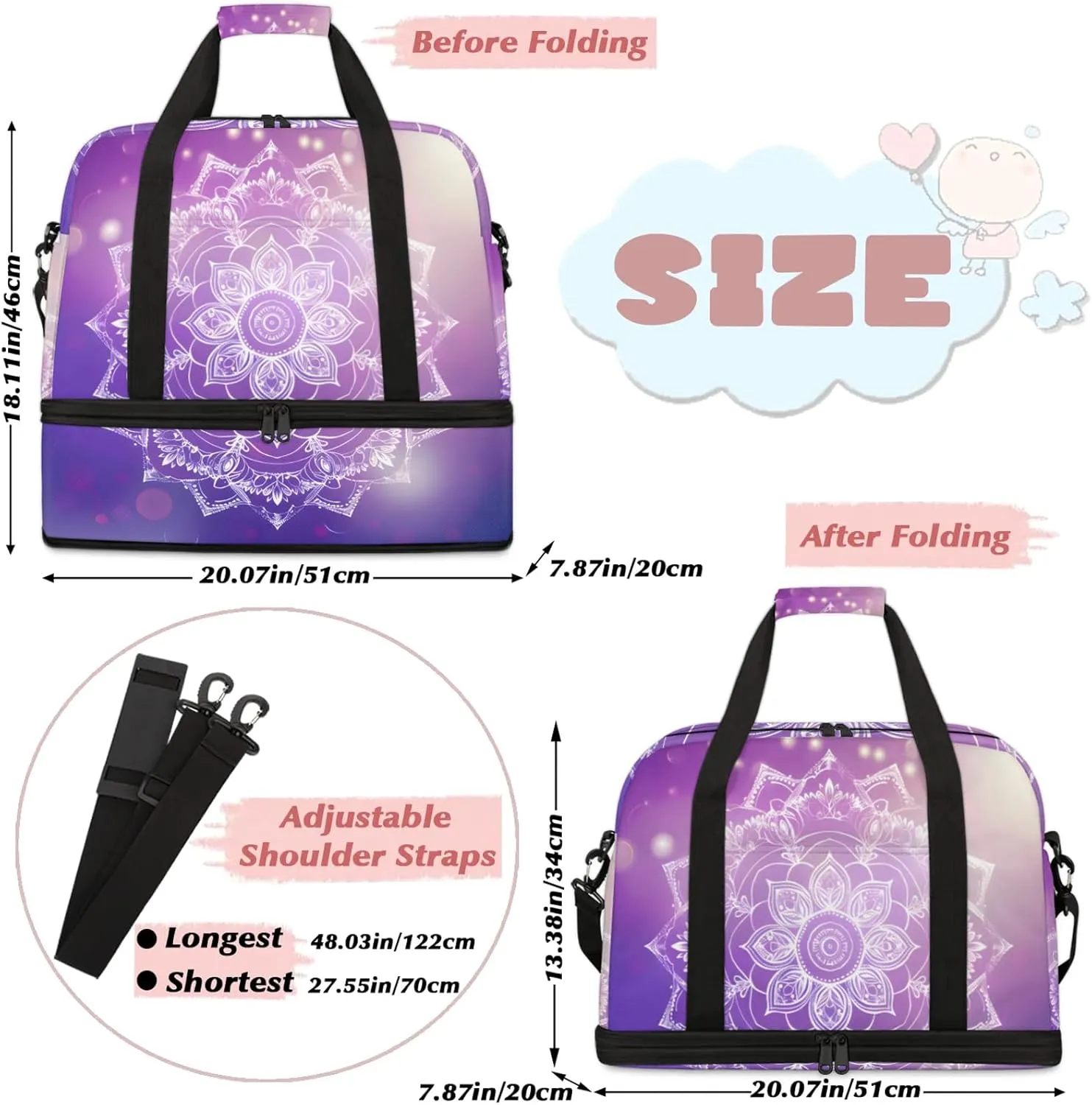 Large Travel Duffel Bag for Women Men Ethnic Mandala Purple Flower Gym Bag Weekender Overnight Bags With Shoe Compartment Foldie Travel Tote Bag Carry On Personal Item Bag for Travel Gym Sports