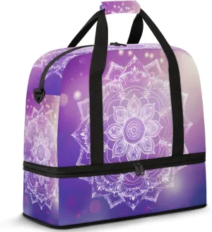 Large Travel Duffel Bag for Women Men Ethnic Mandala Purple Flower Gym Bag Weekender Overnight Bags With Shoe Compartment Foldie Travel Tote Bag Carry On Personal Item Bag for Travel Gym Sports