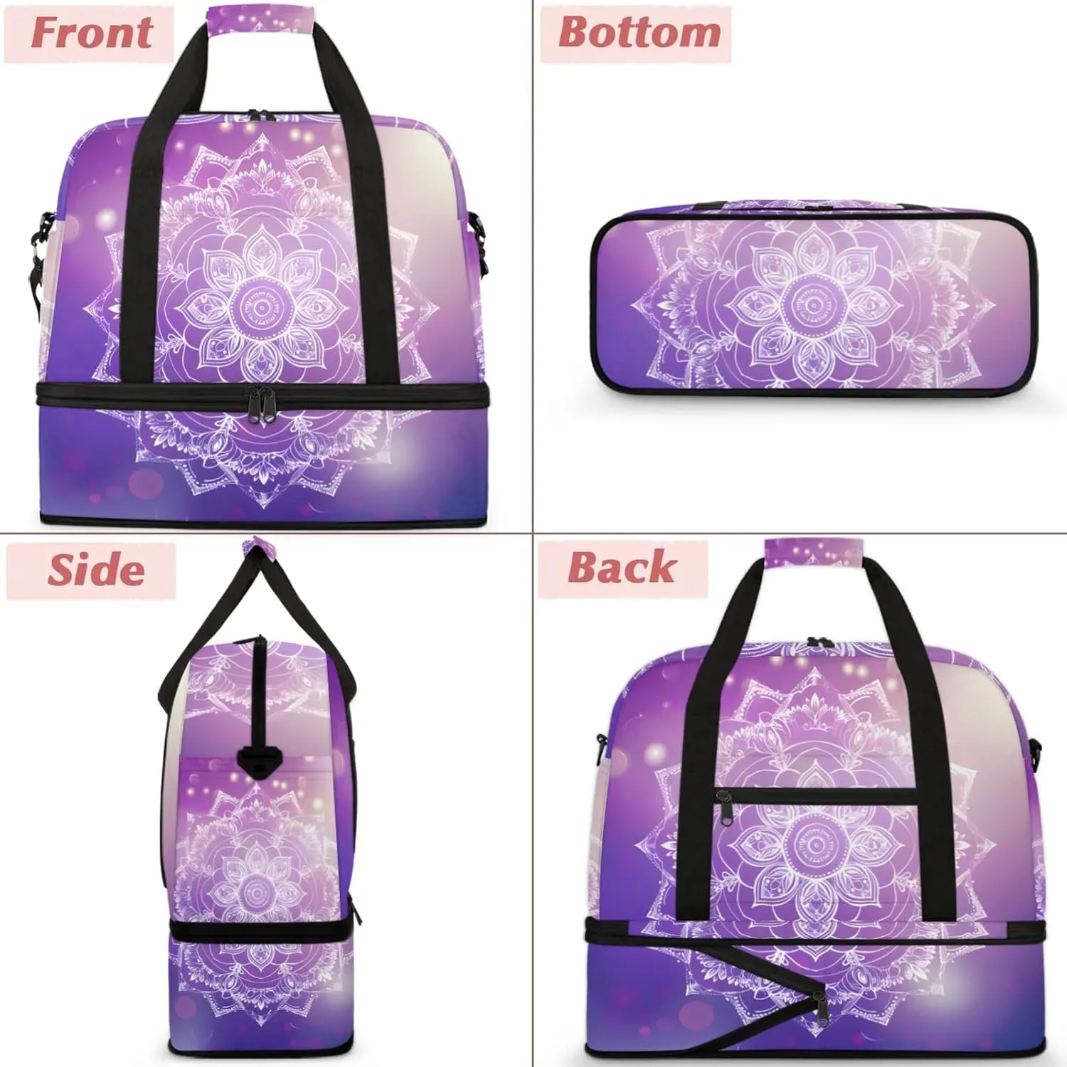 Large Travel Duffel Bag for Women Men Ethnic Mandala Purple Flower Gym Bag Weekender Overnight Bags With Shoe Compartment Foldie Travel Tote Bag Carry On Personal Item Bag for Travel Gym Sports