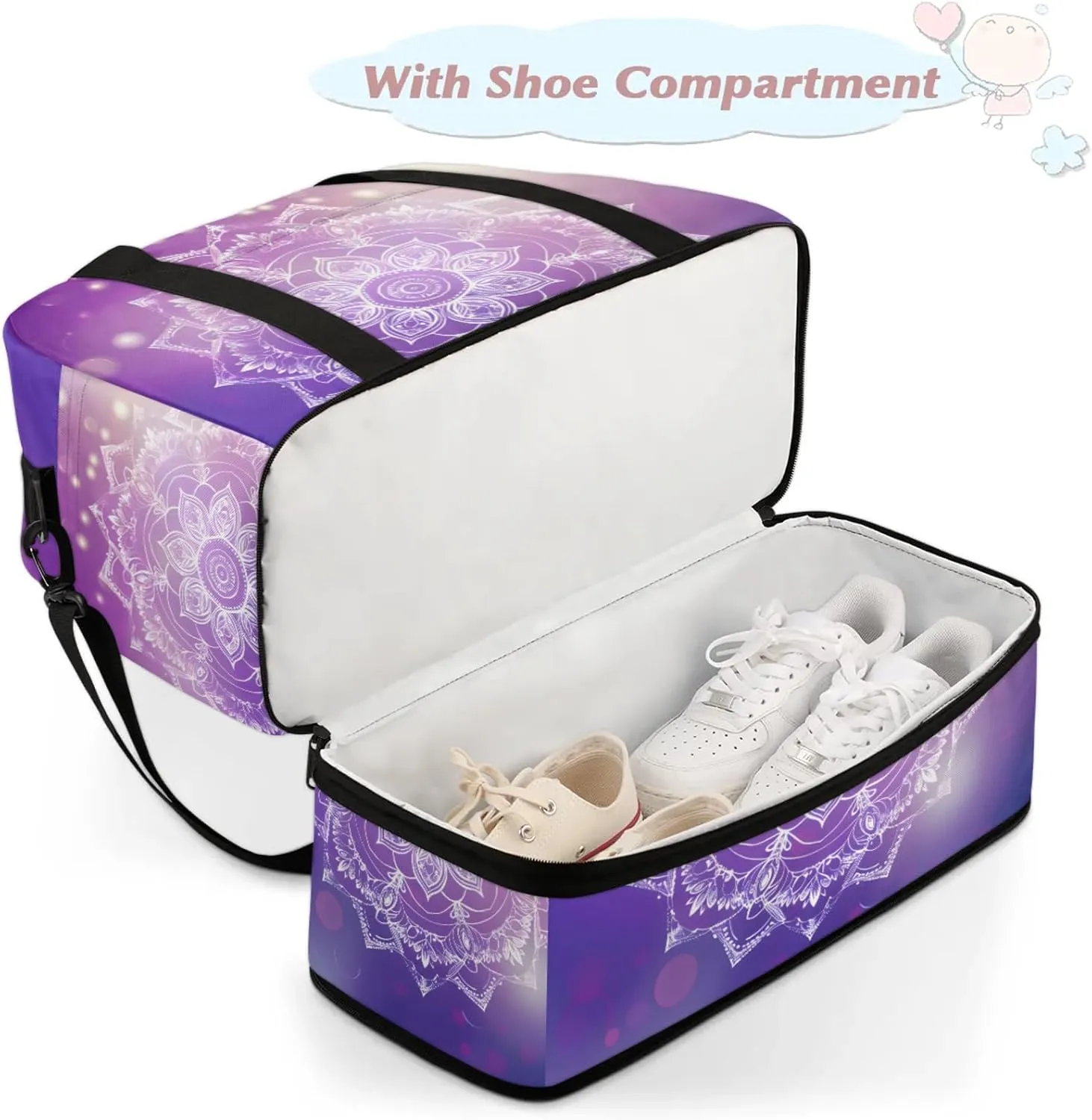 Large Travel Duffel Bag for Women Men Ethnic Mandala Purple Flower Gym Bag Weekender Overnight Bags With Shoe Compartment Foldie Travel Tote Bag Carry On Personal Item Bag for Travel Gym Sports
