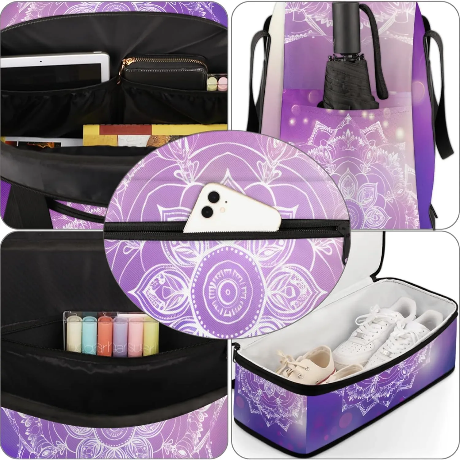 Large Travel Duffel Bag for Women Men Ethnic Mandala Purple Flower Gym Bag Weekender Overnight Bags With Shoe Compartment Foldie Travel Tote Bag Carry On Personal Item Bag for Travel Gym Sports