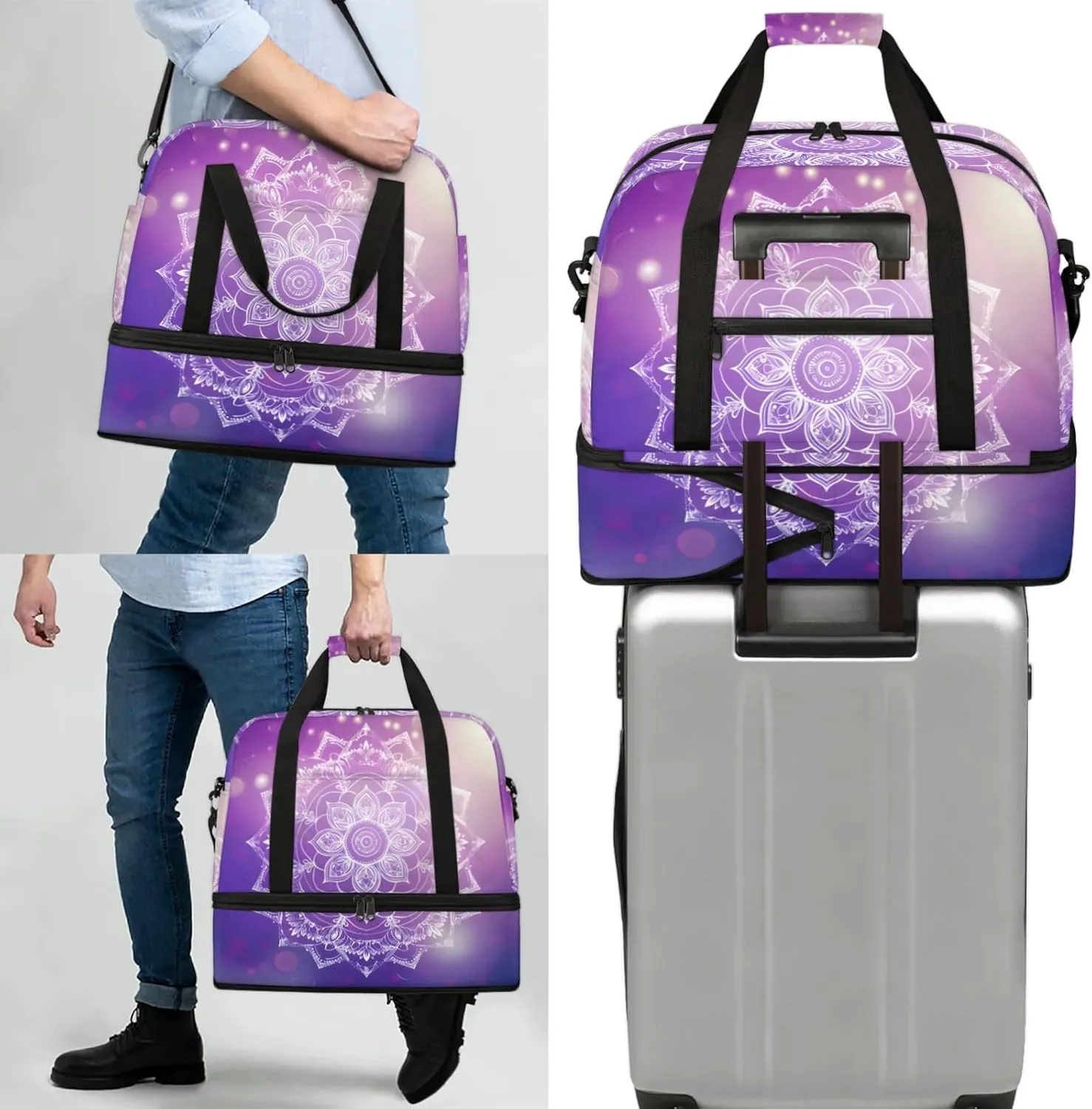 Large Travel Duffel Bag for Women Men Ethnic Mandala Purple Flower Gym Bag Weekender Overnight Bags With Shoe Compartment Foldie Travel Tote Bag Carry On Personal Item Bag for Travel Gym Sports