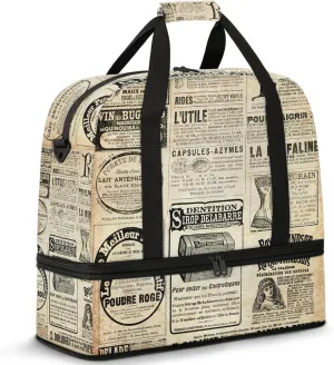Large Weekender Overnight Bags Retro Newspaper Letter Travel Duffel Bag for Women Men Gym Bag With Shoe Compartment Foldie Travel Tote Bag Carry On Personal Item Bag for Travel Gym Sports