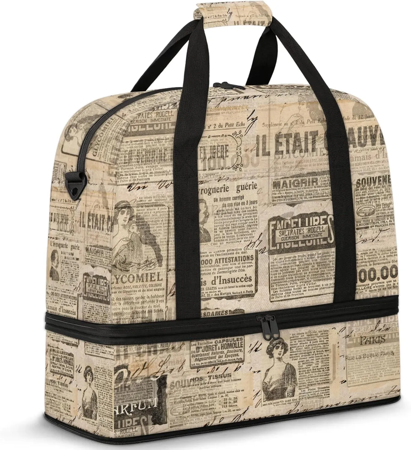 Large Weekender Overnight Bags Retro Woman Newspaper Travel Duffel Bag for Women Men Gym Bag With Shoe Compartment Foldie Travel Tote Bag Carry On Personal Item Bag for Travel Gym Sports