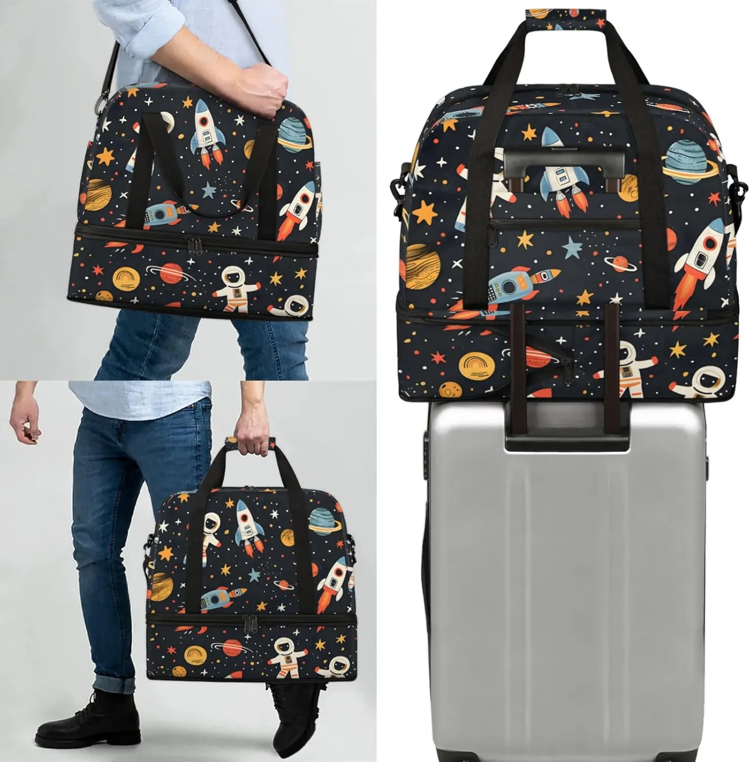 Large Weekender Overnight Bags Travel Duffel Bag for Women Men Cute Cartoon Universe Astronaut Gym Bag With Shoe Compartment Foldie Travel Tote Bag Carry On Personal Item Bag for Travel Gym Sports