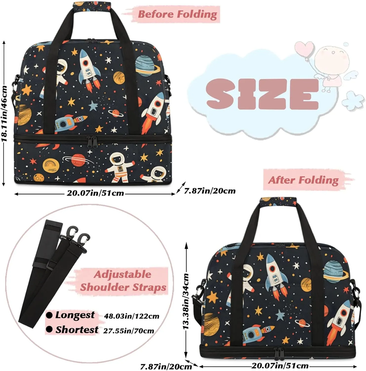 Large Weekender Overnight Bags Travel Duffel Bag for Women Men Cute Cartoon Universe Astronaut Gym Bag With Shoe Compartment Foldie Travel Tote Bag Carry On Personal Item Bag for Travel Gym Sports