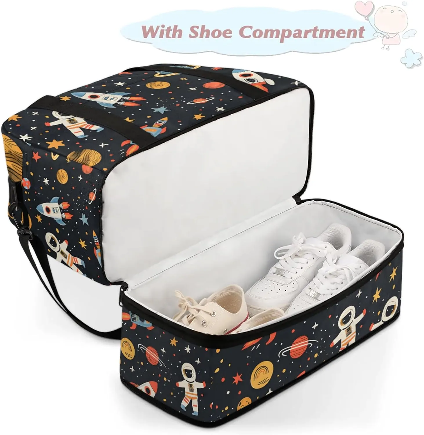 Large Weekender Overnight Bags Travel Duffel Bag for Women Men Cute Cartoon Universe Astronaut Gym Bag With Shoe Compartment Foldie Travel Tote Bag Carry On Personal Item Bag for Travel Gym Sports