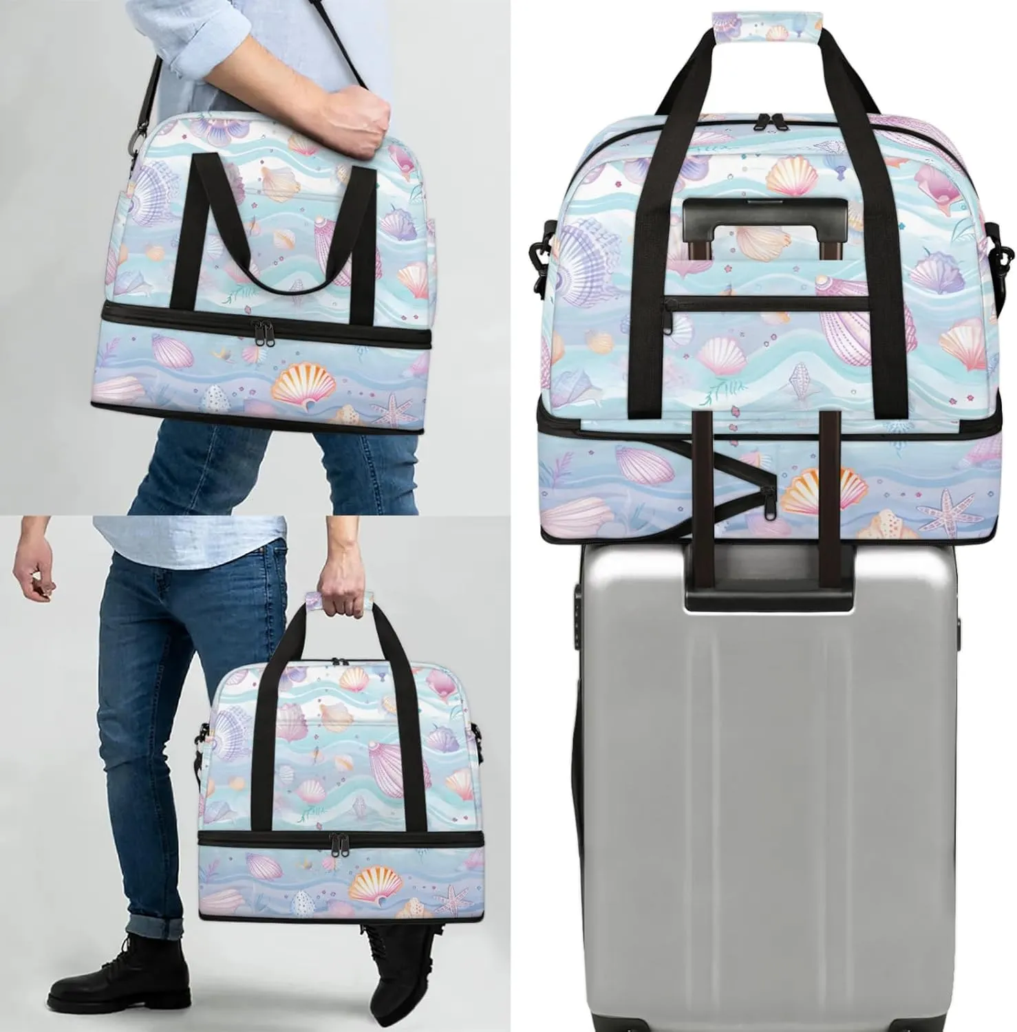 Large Weekender Overnight Bags Travel Duffel Bag for Women Men Cute Colorful Shells Gym Bag With Shoe Compartment Foldie Travel Tote Bag Carry On Personal Item Bag for Travel Gym Sports