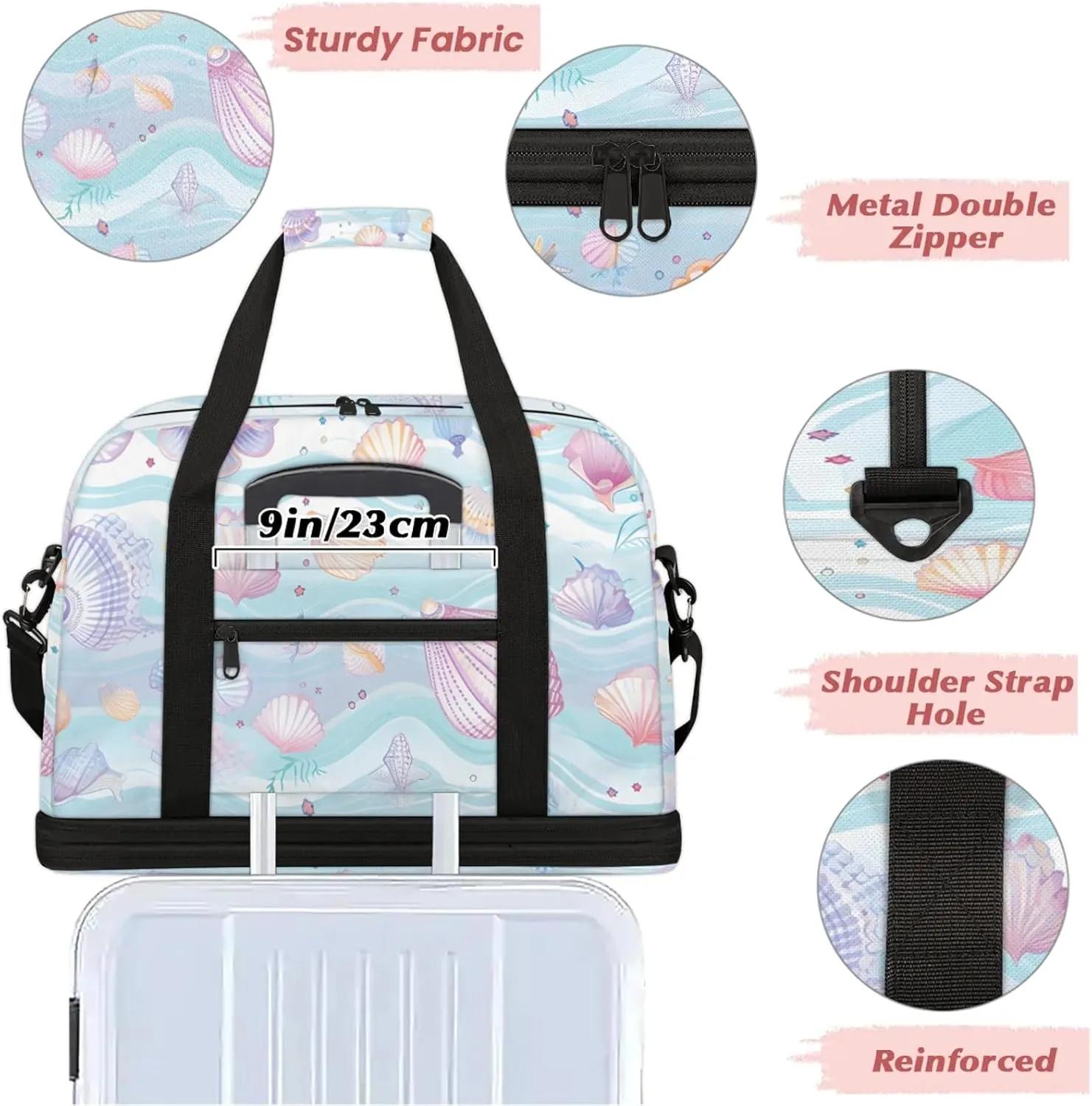 Large Weekender Overnight Bags Travel Duffel Bag for Women Men Cute Colorful Shells Gym Bag With Shoe Compartment Foldie Travel Tote Bag Carry On Personal Item Bag for Travel Gym Sports