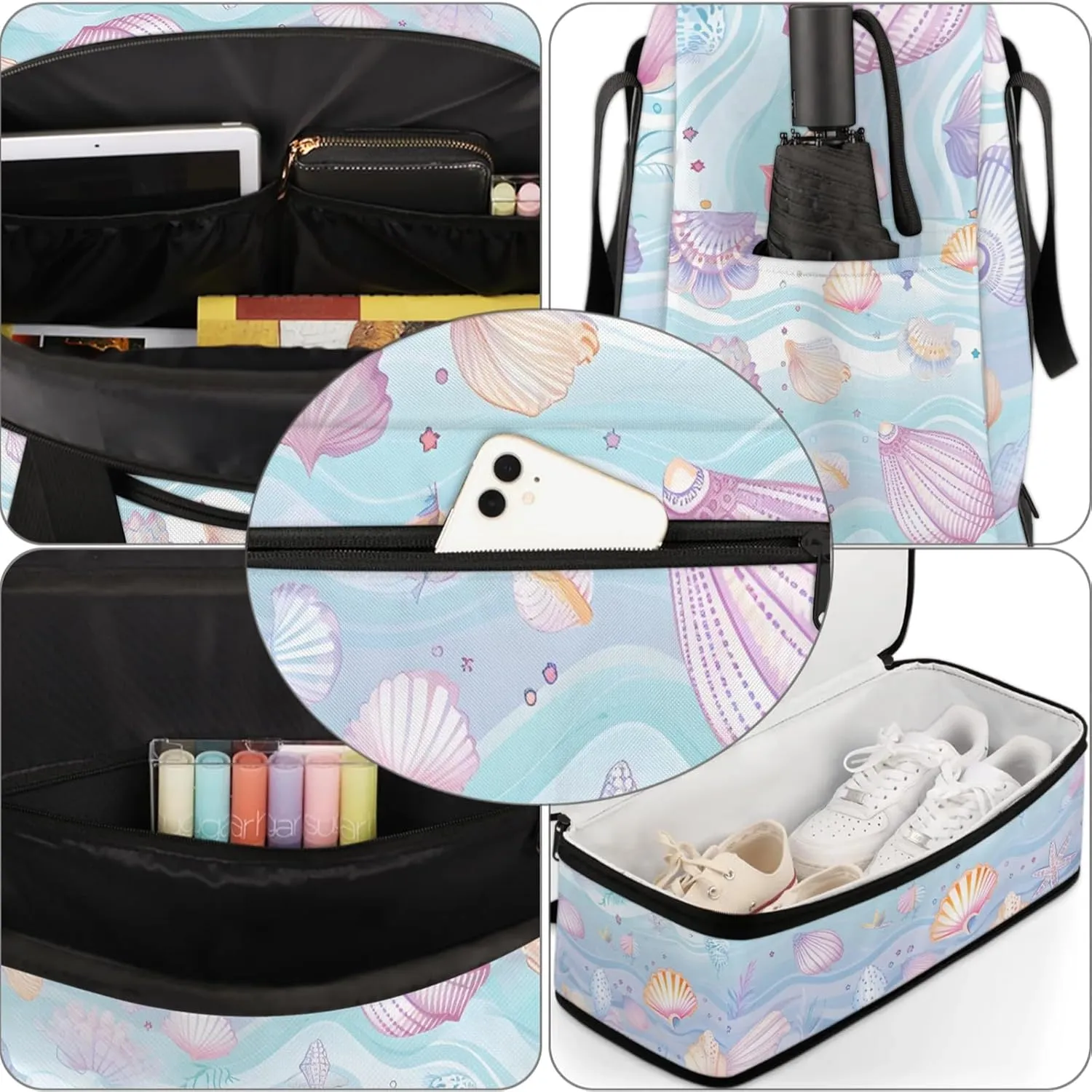Large Weekender Overnight Bags Travel Duffel Bag for Women Men Cute Colorful Shells Gym Bag With Shoe Compartment Foldie Travel Tote Bag Carry On Personal Item Bag for Travel Gym Sports