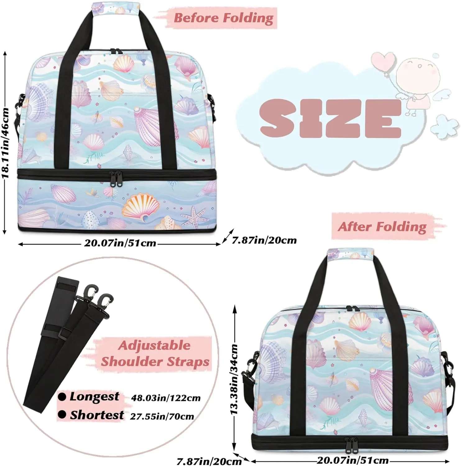 Large Weekender Overnight Bags Travel Duffel Bag for Women Men Cute Colorful Shells Gym Bag With Shoe Compartment Foldie Travel Tote Bag Carry On Personal Item Bag for Travel Gym Sports