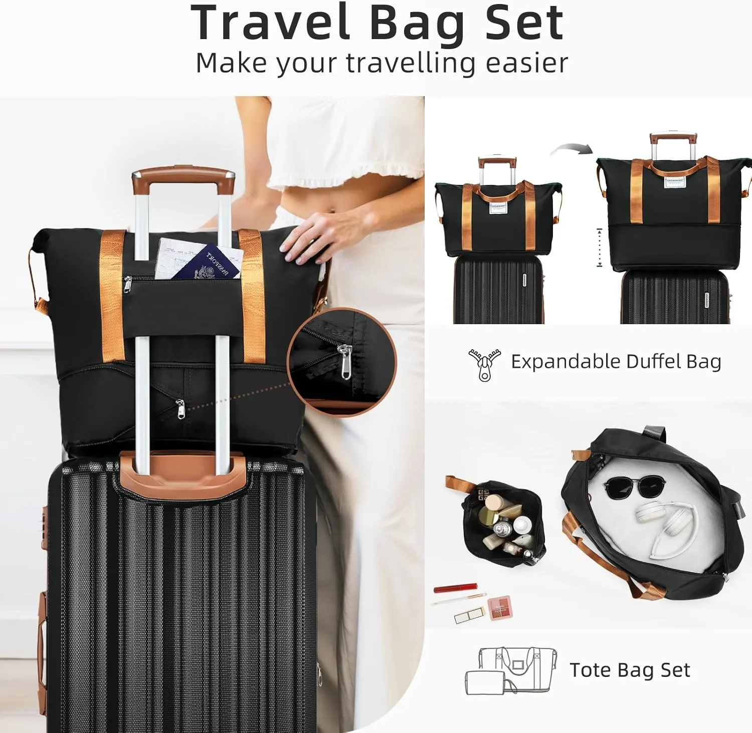LARVENDER Luggage Set 6 Piece Large Suitcases with Wheels, Suitcase Set ABS Hard Shell Luggage Sets with Spinner Wheels, Carry On Luggage TSA Lock Travel Luggage for Men Women(Black)
