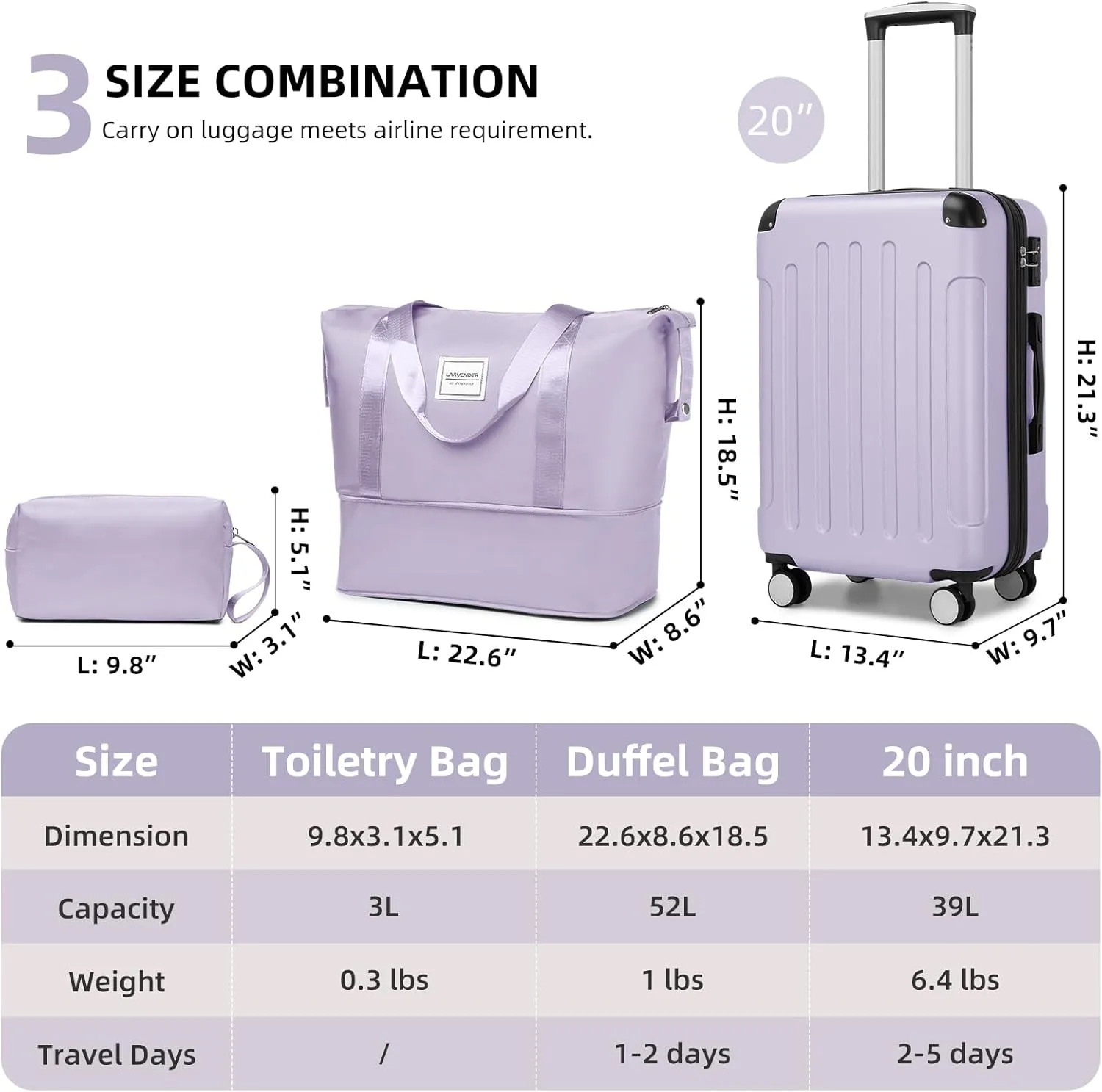 LARVENDER Luggage Sets 3 Piece, Expandable Carry on Luggage 22x14x9 Airline Approved Hardshell Suitcase with Spinner Wheels TSA Lock, Lightweight Rolling Luggage for Men and Women, Lavender