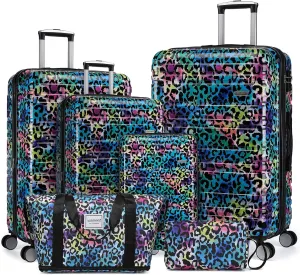 LARVENDER Luggage Sets 6 Piece, Expandable Luggage Hardside PC ABS Leopard Suitcase Sets with Spinner Wheels TSA Lock, Lightweight Rolling Suitcase for Men and Women, Leopard Multicolor