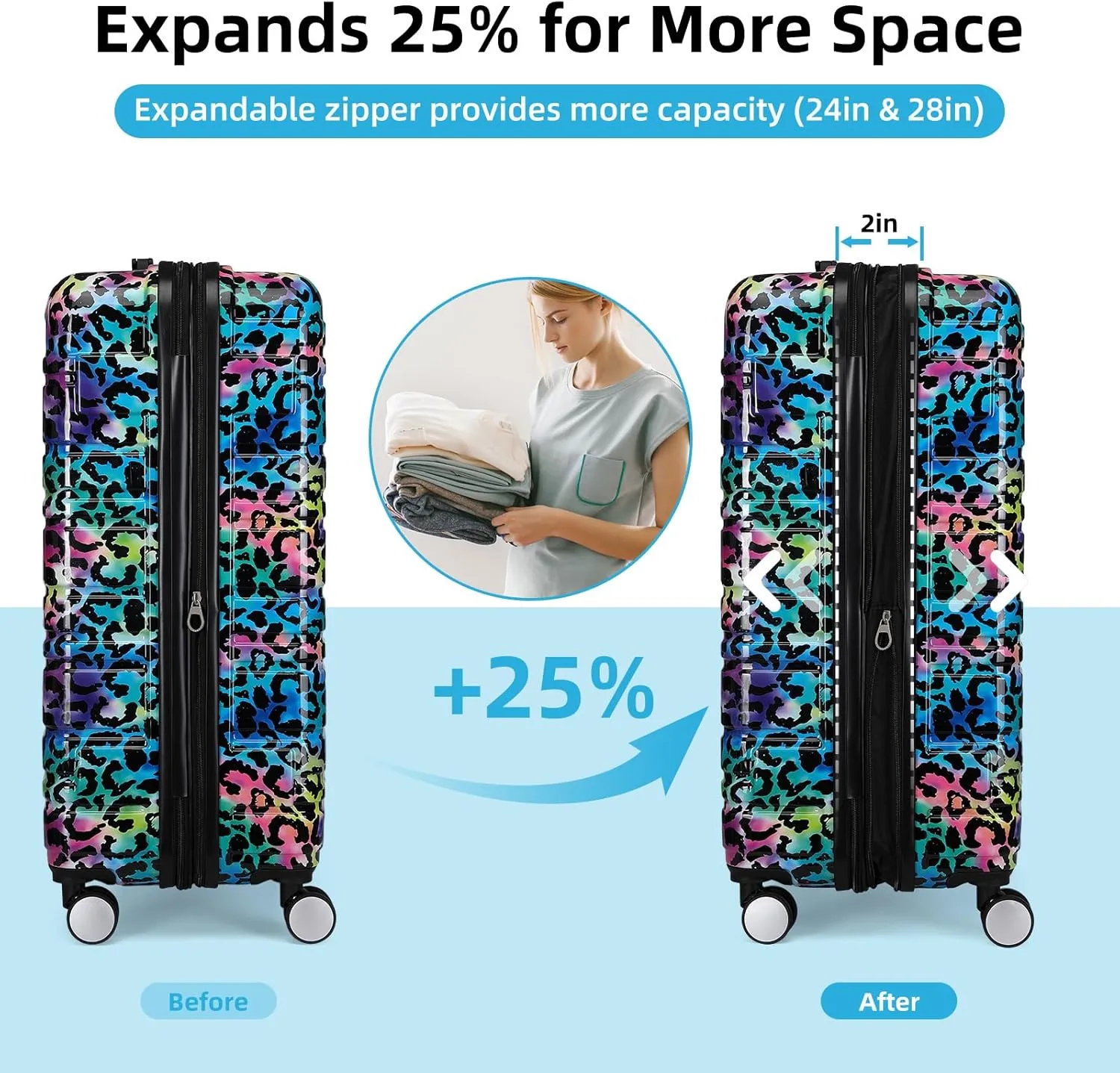 LARVENDER Luggage Sets 6 Piece, Expandable Luggage Hardside PC ABS Leopard Suitcase Sets with Spinner Wheels TSA Lock, Lightweight Rolling Suitcase for Men and Women, Leopard Multicolor