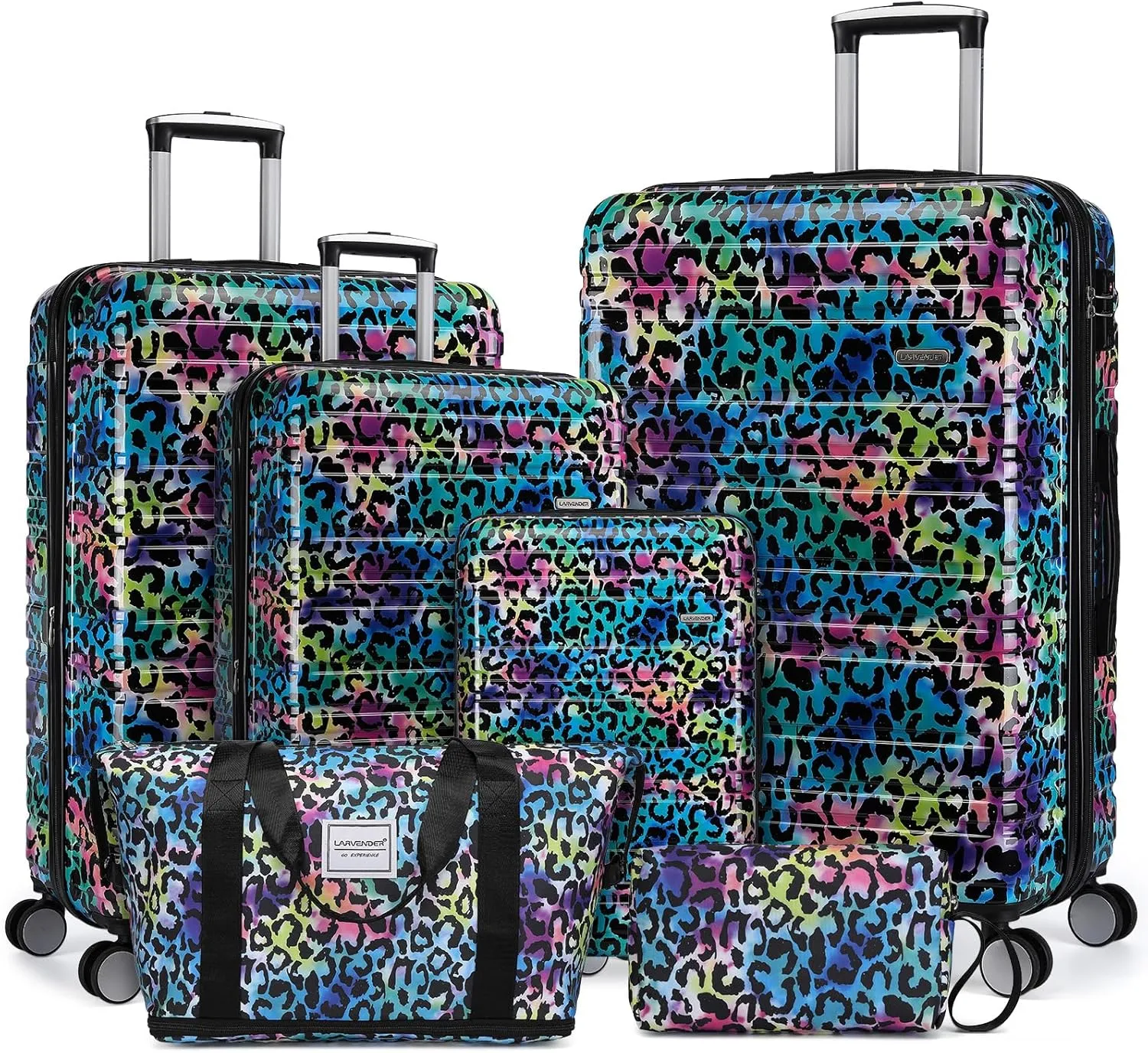 LARVENDER Luggage Sets 6 Piece, Expandable Luggage Hardside PC ABS Leopard Suitcase Sets with Spinner Wheels TSA Lock, Lightweight Rolling Suitcase for Men and Women, Leopard Multicolor