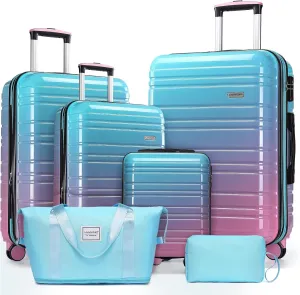 LARVENDER Luggage Sets 6 Piece, Expandable PC ABS Hardside Multicolor Suitcase Sets with TSA Lock Double Spinner Wheels, Cotton Candy