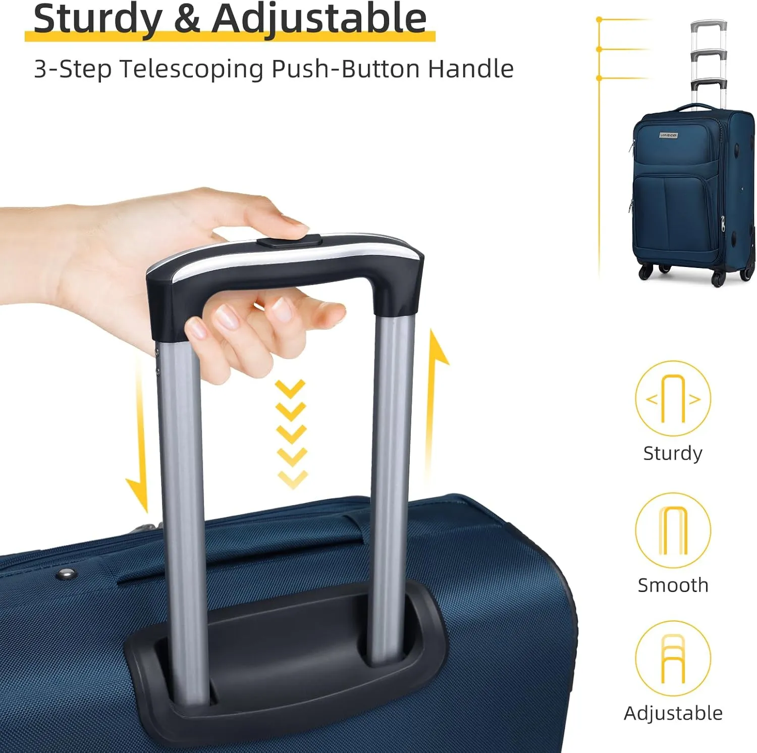 LARVENDER Softside Luggage Sets 3 Piece, Expandable Carry on Luggage 22x14x9 Airline Approved with TSA Lock Spinner Wheels, Lightweight Rolling Suitcase for Men and Women, Blue