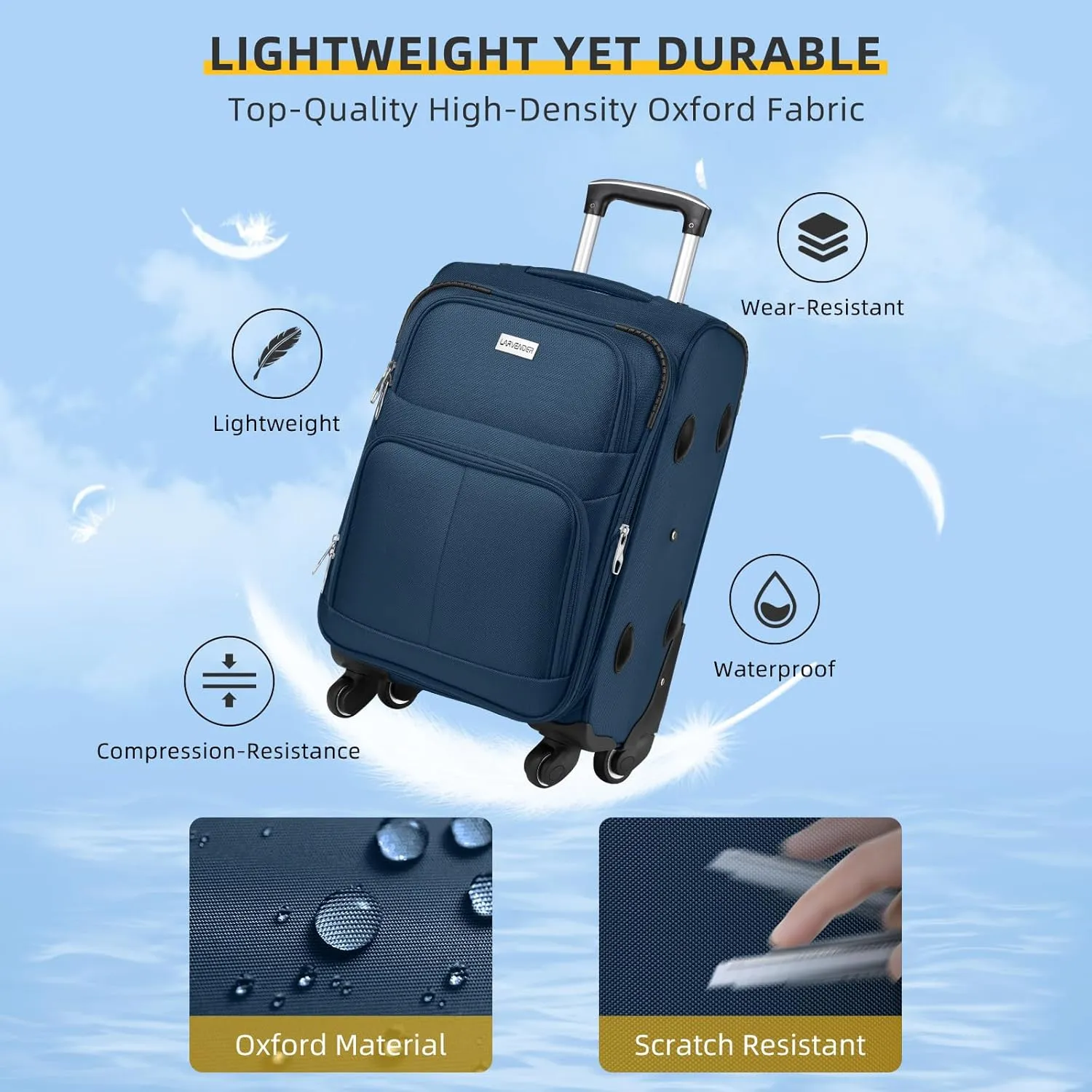 LARVENDER Softside Luggage Sets 3 Piece, Expandable Carry on Luggage 22x14x9 Airline Approved with TSA Lock Spinner Wheels, Lightweight Rolling Suitcase for Men and Women, Blue