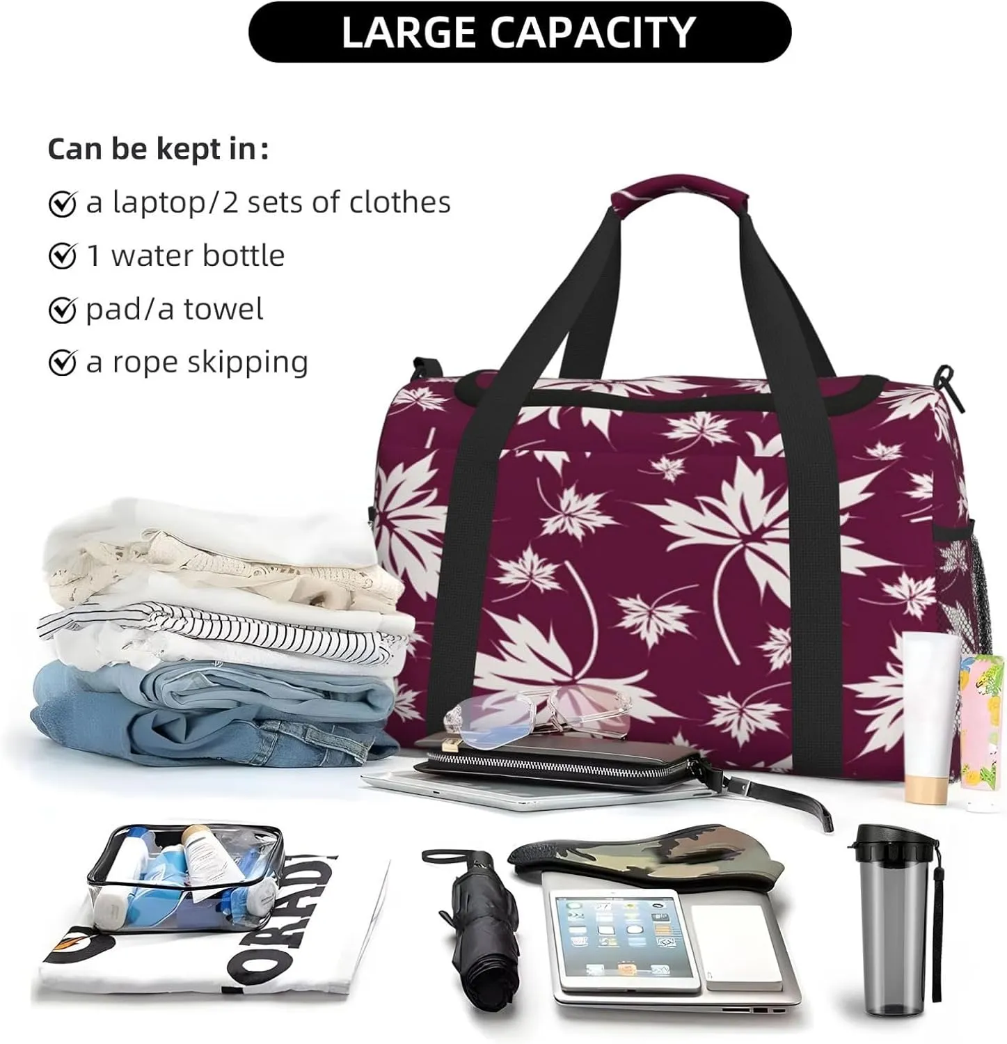 Leaf Pattern Travel Duffel Bag Large Foldable Waterproof Overnight Bag For Beach Swim Bags Pool Sports Gym
