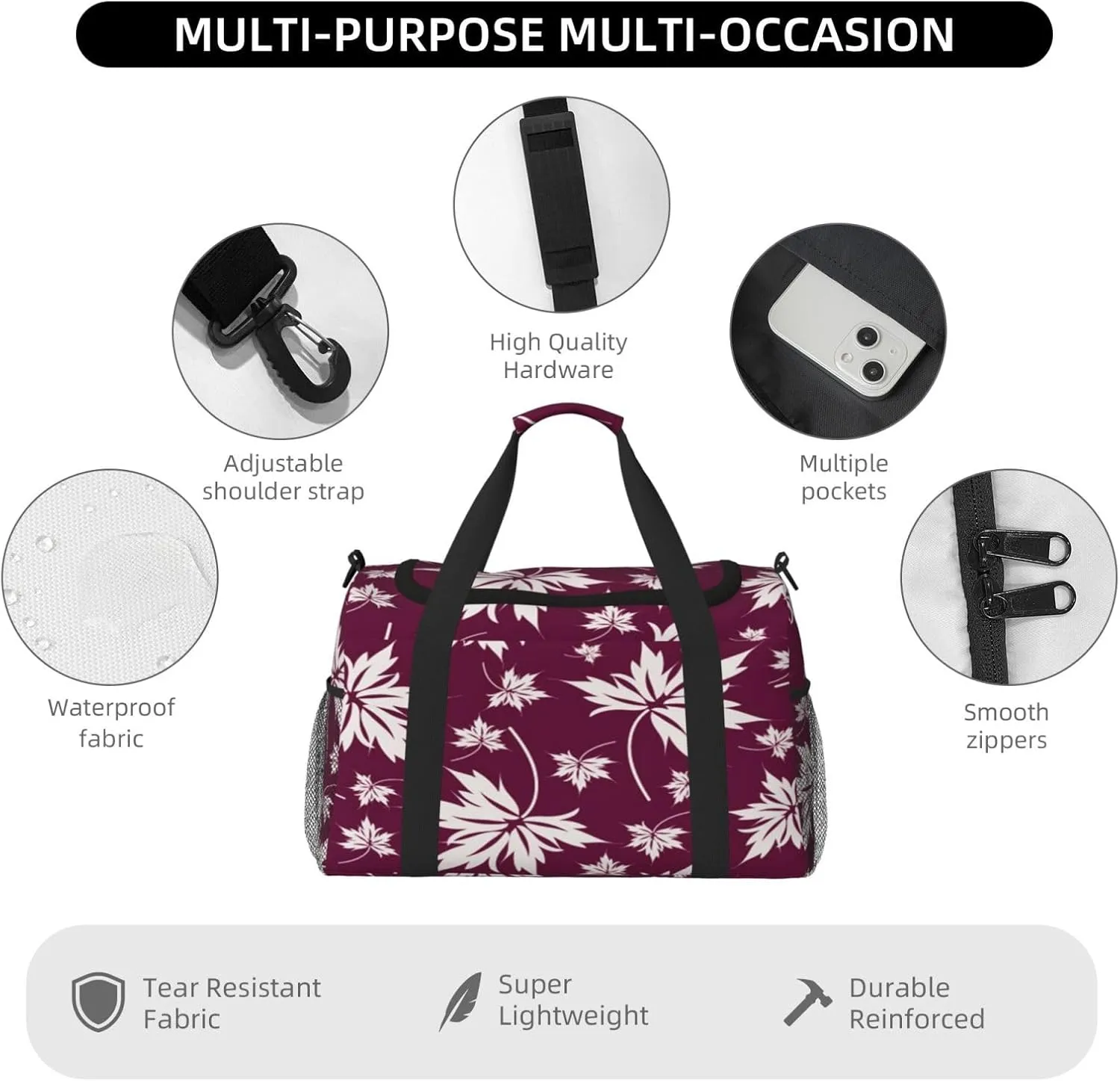 Leaf Pattern Travel Duffel Bag Large Foldable Waterproof Overnight Bag For Beach Swim Bags Pool Sports Gym