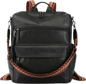 Leather Backpack Purse for Women Fashion Multipurpose Design Convertible Satchel Handbags and Shoulder Bag Travel Backpacks with 2Pcs Boho Straps (Black)