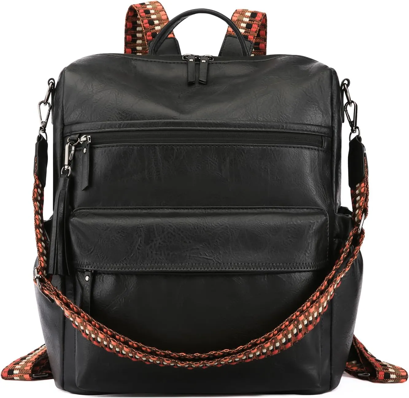 Leather Backpack Purse for Women Fashion Multipurpose Design Convertible Satchel Handbags and Shoulder Bag Travel Backpacks with 2Pcs Boho Straps (Black)