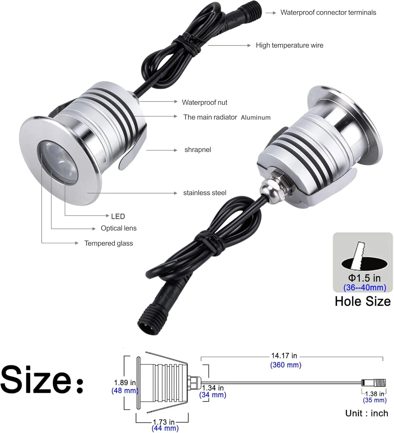 LED Underwater Pool Lights, 3W 12V-24V DC, IP68 Waterproof, Stainless Steel Aluminum, lamp for Inground Swimming Pools Ponds Fountains Steps,Warm White (3000K)