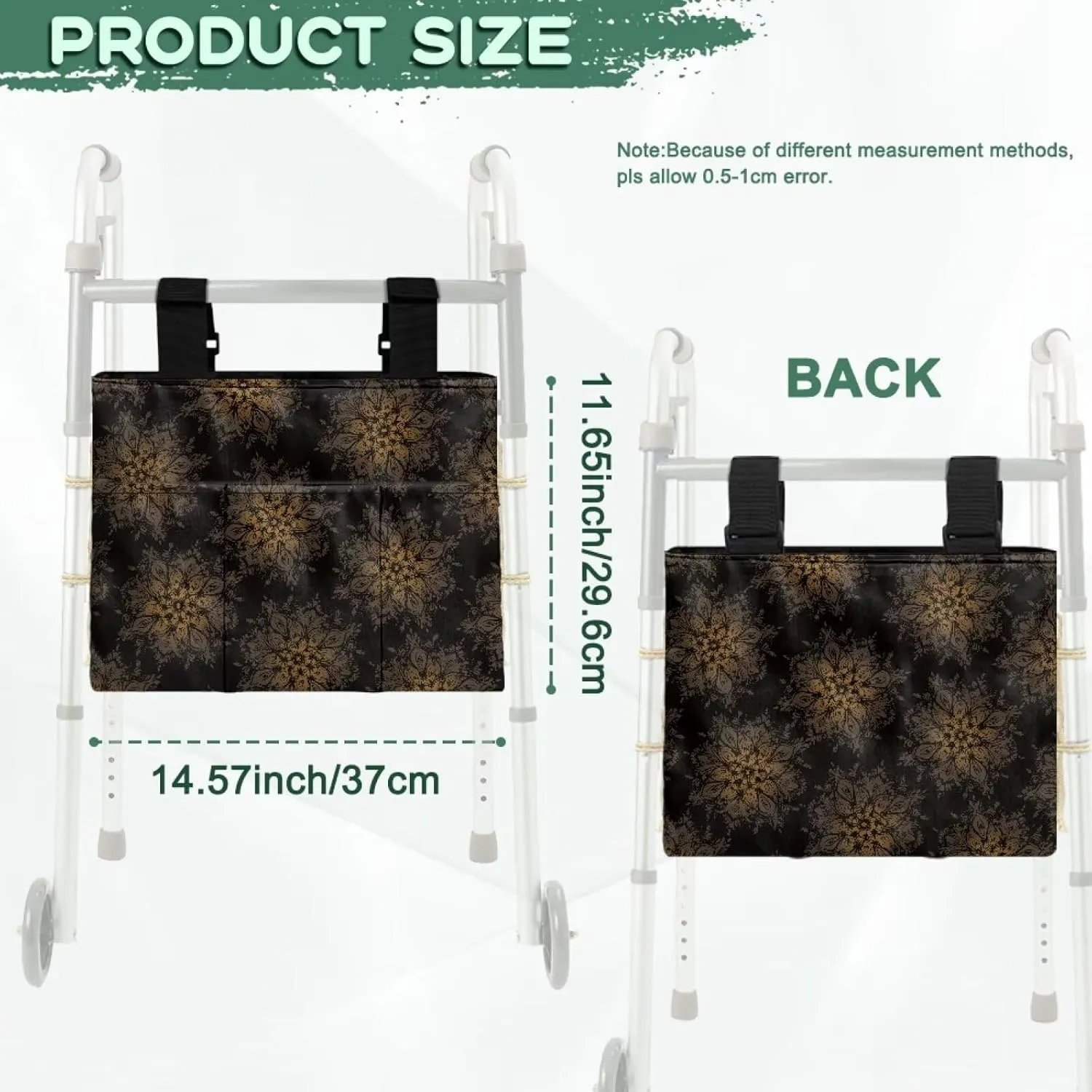 LedBack Black Mandala Flower Walker Bag Large Capacity Organizer Carry Storage Pouch for Seniors Elderly Removable Walker Accessories, Easy to Install