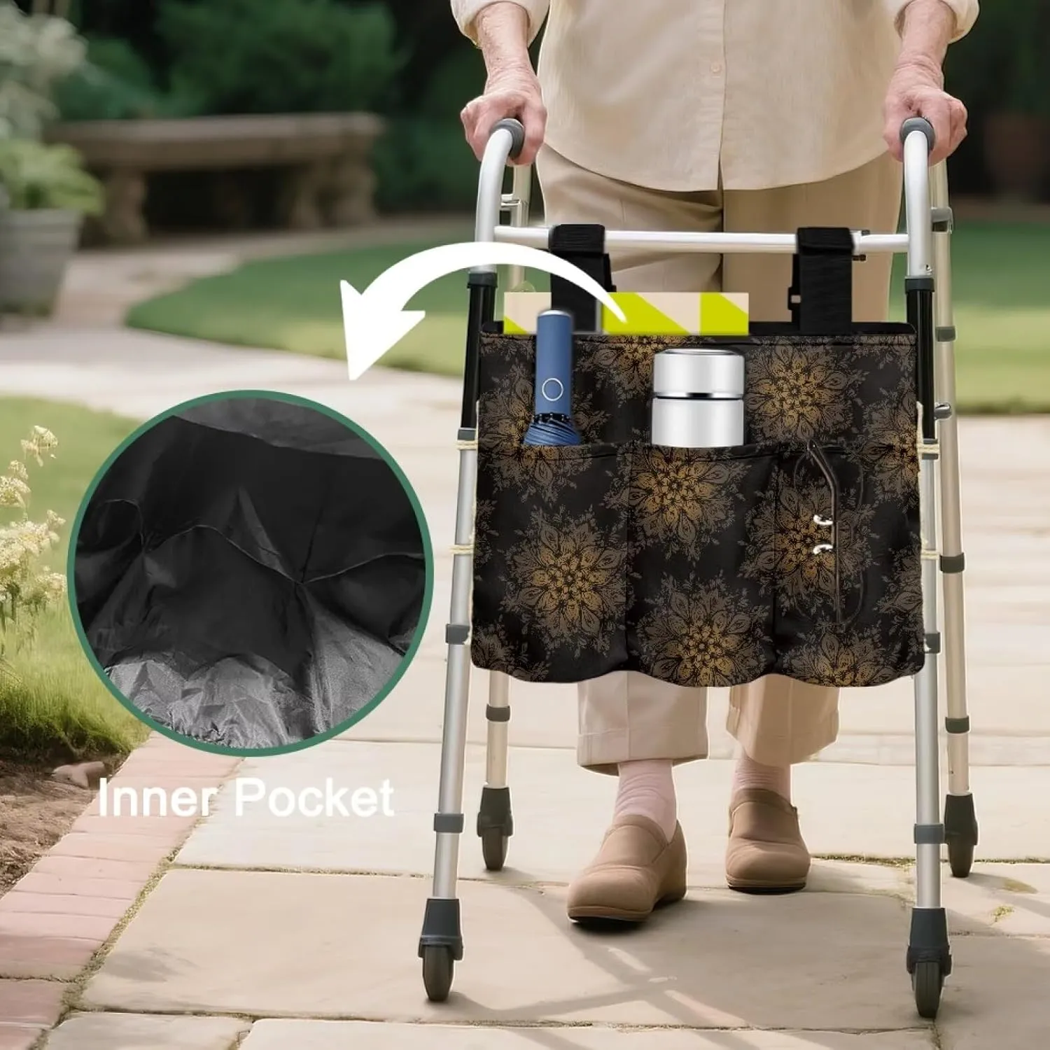 LedBack Black Mandala Flower Walker Bag Large Capacity Organizer Carry Storage Pouch for Seniors Elderly Removable Walker Accessories, Easy to Install
