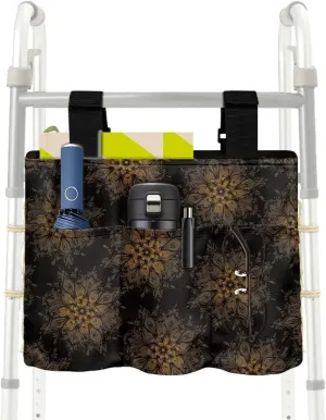 LedBack Black Mandala Flower Walker Bag Large Capacity Organizer Carry Storage Pouch for Seniors Elderly Removable Walker Accessories, Easy to Install