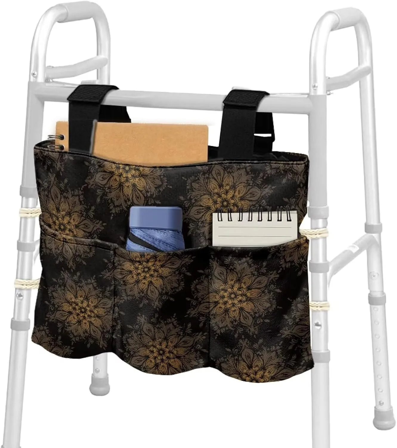 LedBack Black Mandala Flower Walker Bag Large Capacity Organizer Carry Storage Pouch for Seniors Elderly Removable Walker Accessories, Easy to Install