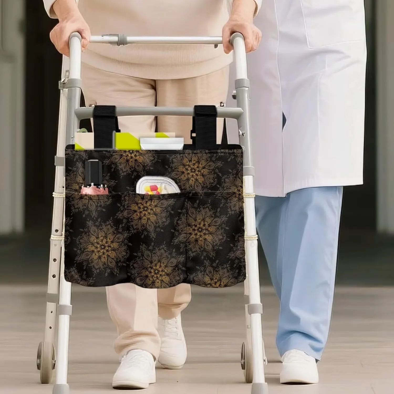 LedBack Black Mandala Flower Walker Bag Large Capacity Organizer Carry Storage Pouch for Seniors Elderly Removable Walker Accessories, Easy to Install