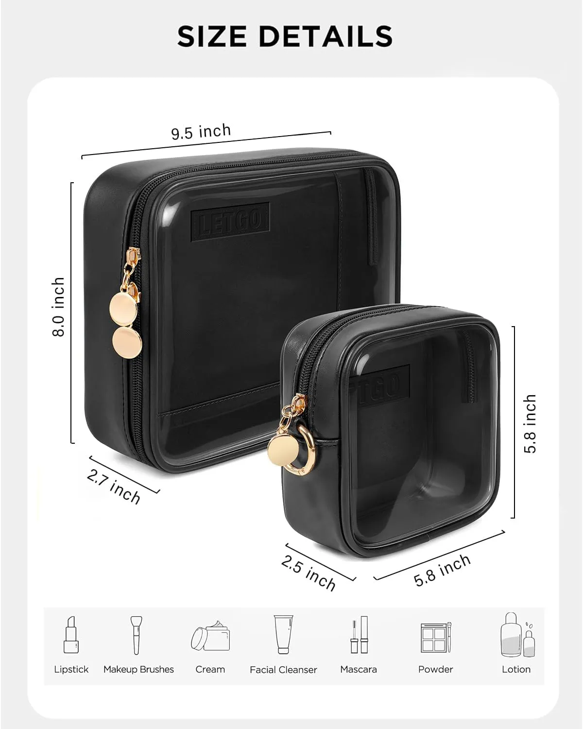 LETGO Clear Makeup Bags Set - TSA Approved Toiletry Bag, Travel Size Toiletries Clear Cosmetic Bags Car Accessories for Men (Large Mini Black)