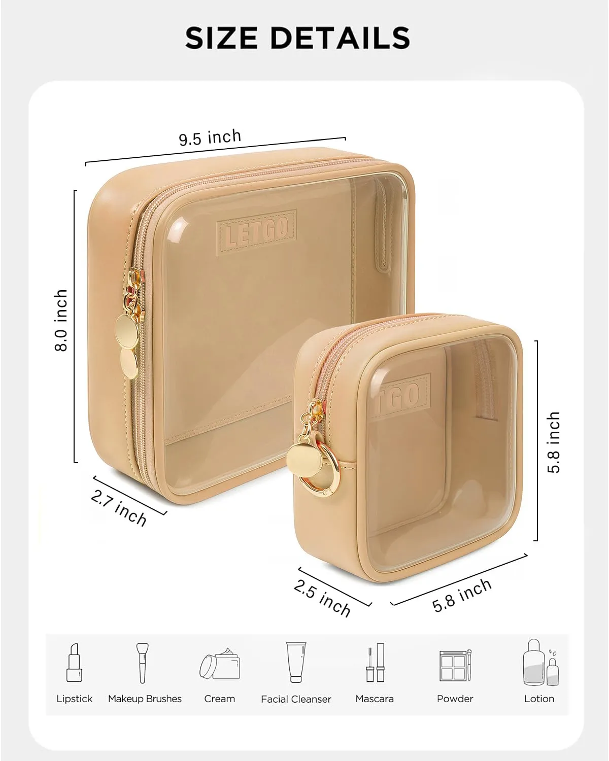 LETGO Clear Makeup Bags Set - TSA Approved Toiletry Bag,Clear Toiletry Bags for Traveling Small Makeup Bag for Purse Mini Comestic Bag Car Accessories for Women Men (Large Mini Sand)