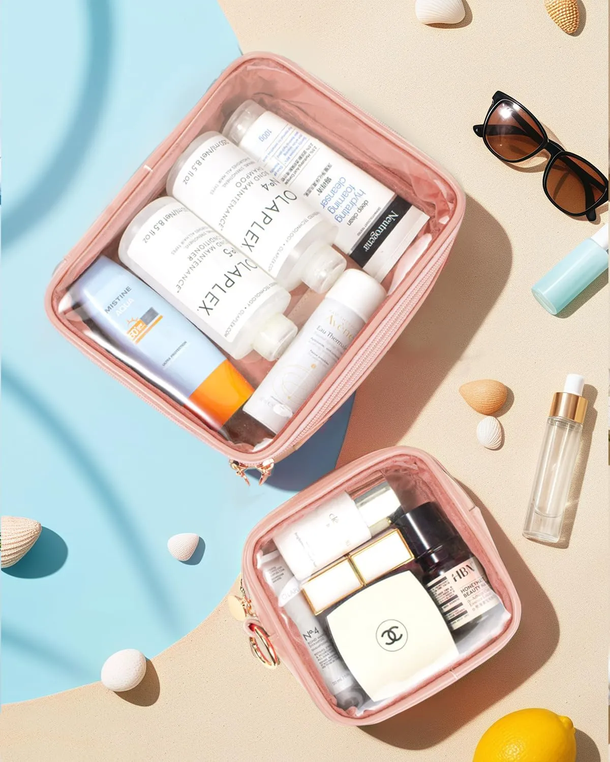 LETGO Clear Makeup Bags Set - TSA Approved Toiletry Bags for Travel, Small Clear Makeup Bag & Mini Travel Essentials (Large & Mini Pink)