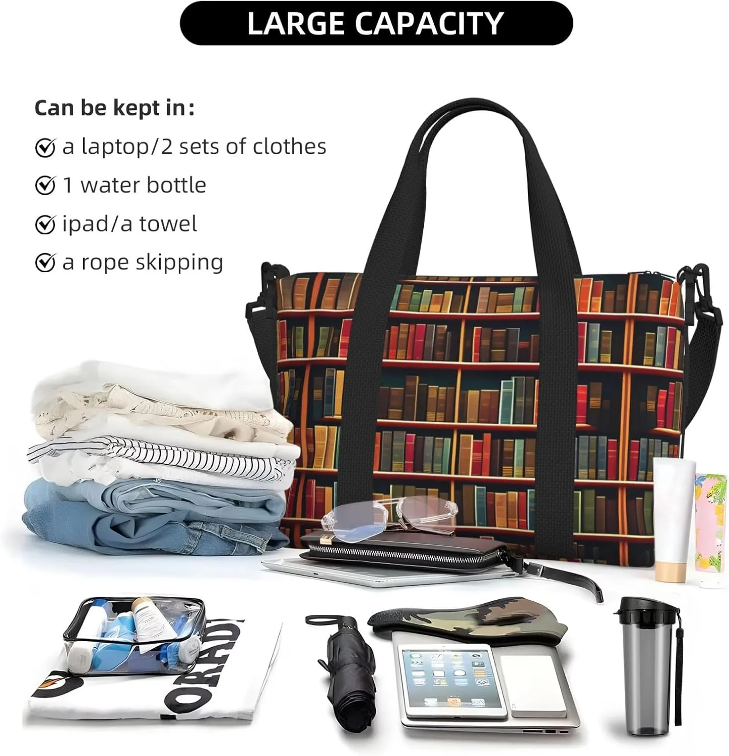 Library Bookshelf Book Women Travel Duffel Bag, Large Weekender Carry-On Tote, Gym Workout Bag,Mommy Hospital Bag