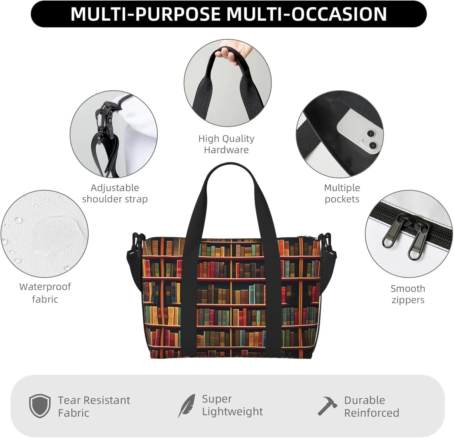 Library Bookshelf Book Women Travel Duffel Bag, Large Weekender Carry-On Tote, Gym Workout Bag,Mommy Hospital Bag