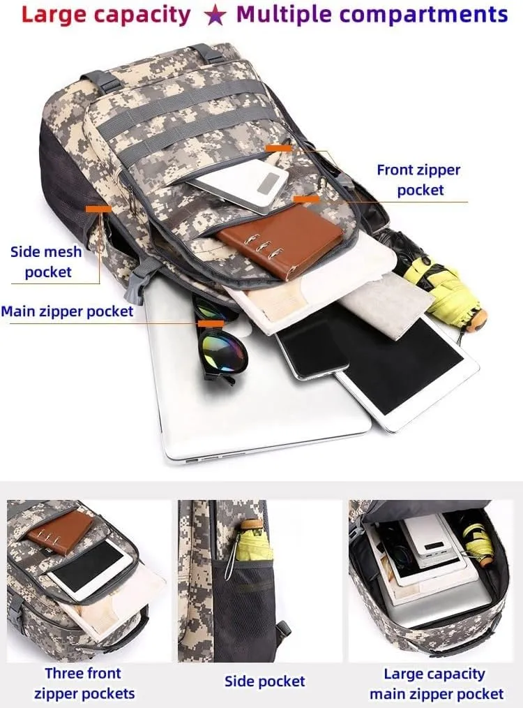 Light tactical backpack, College backpacks，USB charging port， Hiking/climbing/camping/outdoor travel backpack (01#Camouflage grey)