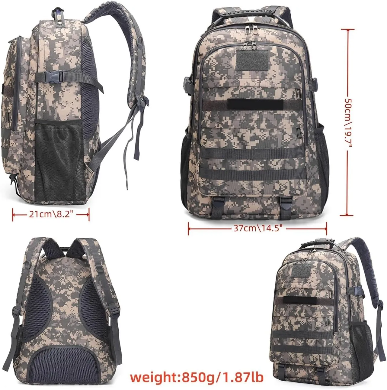 Light tactical backpack, College backpacks，USB charging port， Hiking/climbing/camping/outdoor travel backpack (01#Camouflage grey)