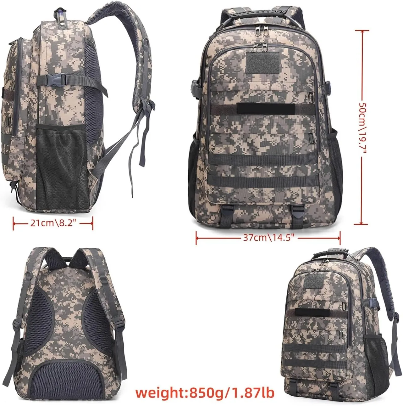 Light tactical backpack, College backpacks，USB charging port， Hiking/climbing/camping/outdoor travel backpack (01#Camouflage grey)