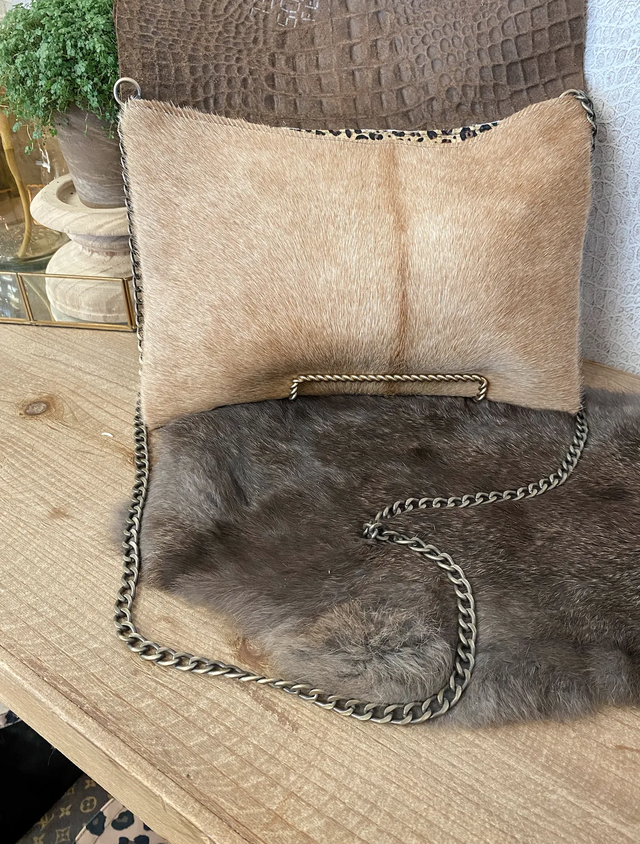 Linebacker with Chocolate Brown Croc Double Flap Clutch/Crossbody